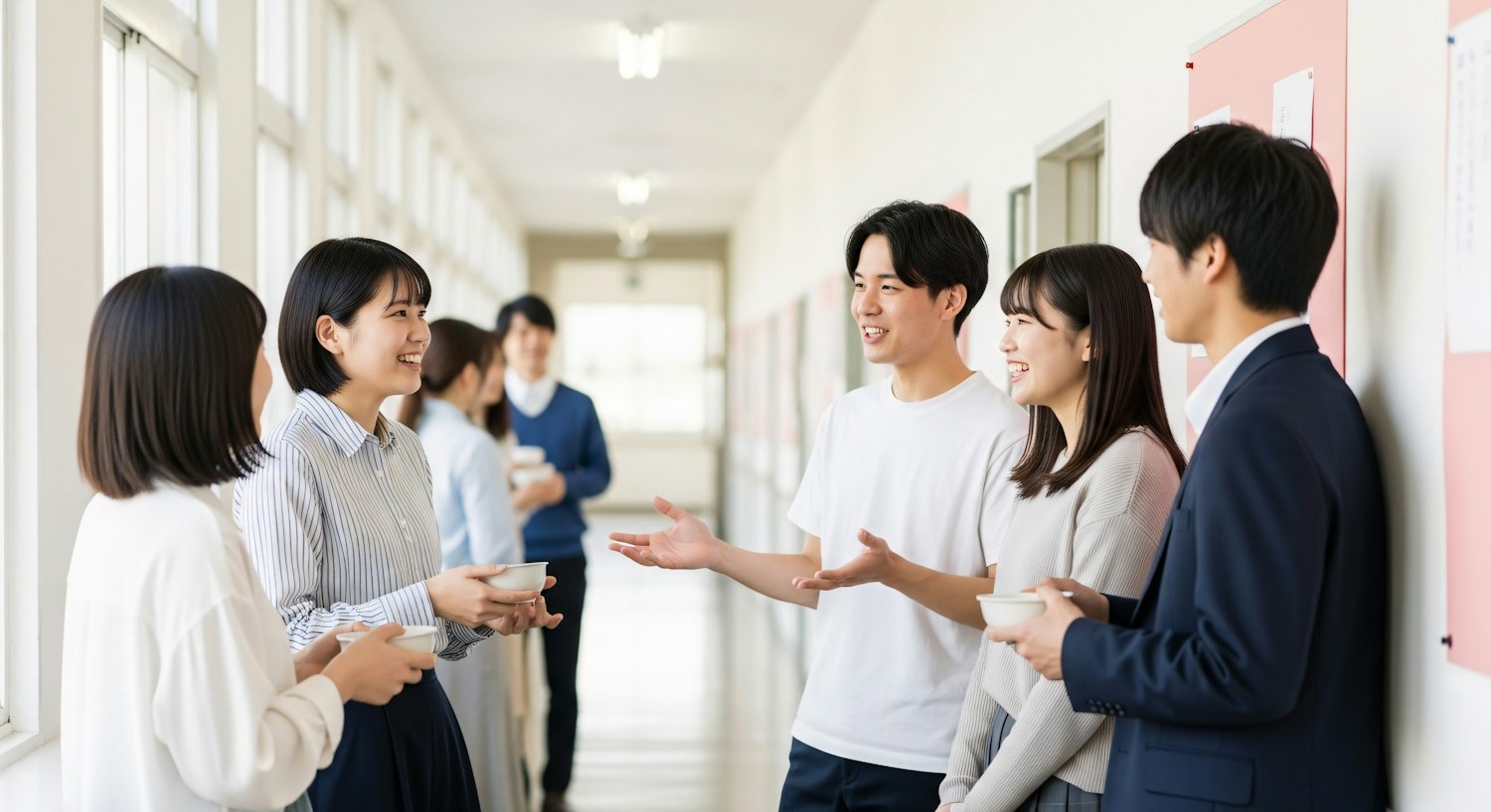 Students and alumni chatting in a bright corridor